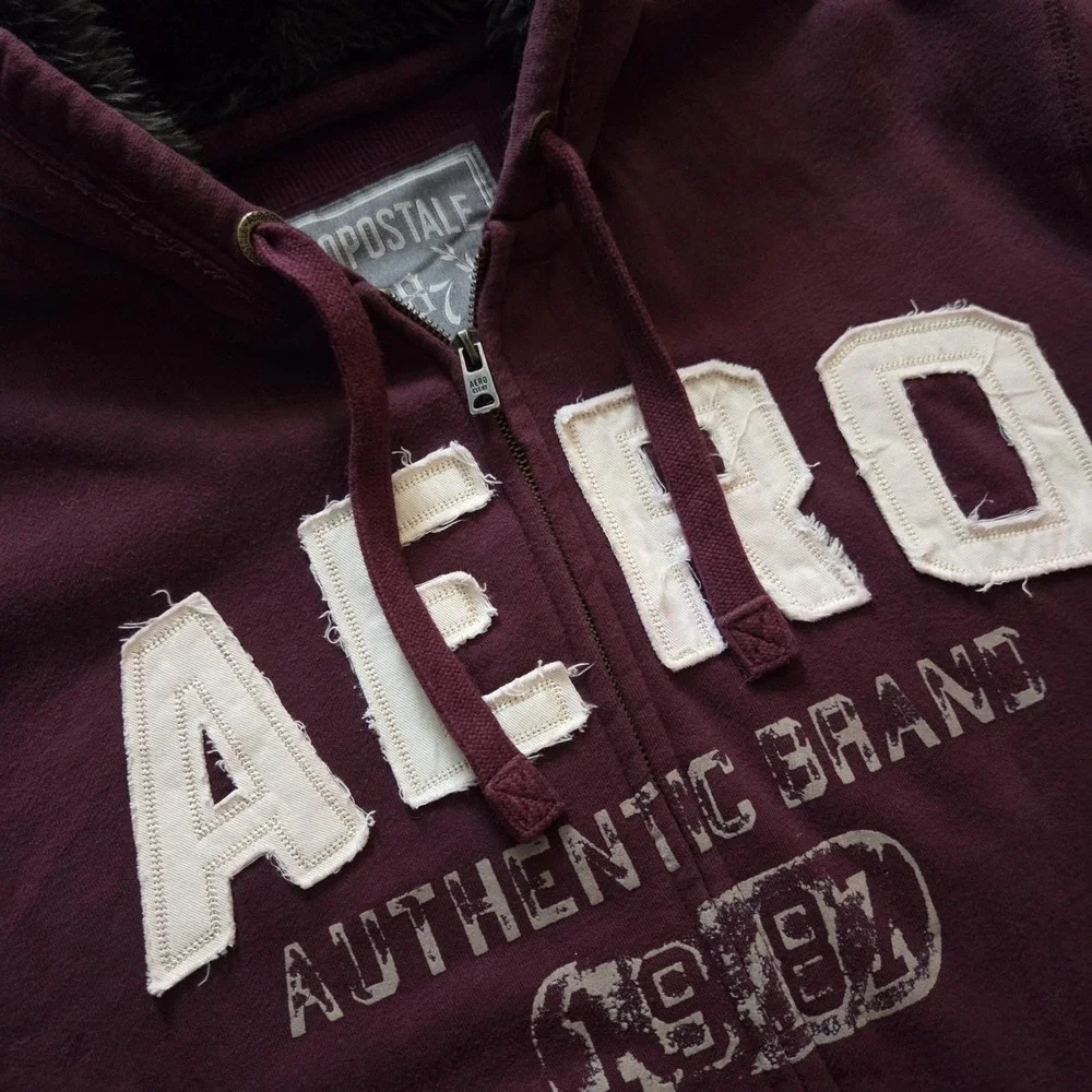 Vintage Aeropostale Hoodie XL Maroon Zip Up‎ Logo Y2K Varsity Style Sweatshirt